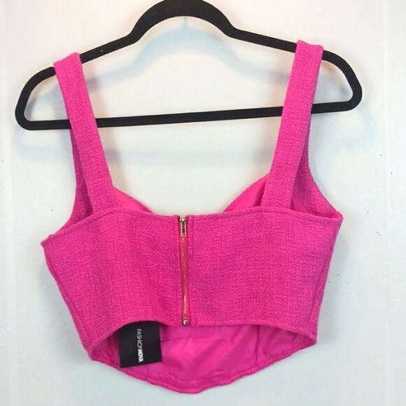 Fuchsia pink tweed cropped V neck corset top (M) - Picture 4 of 6